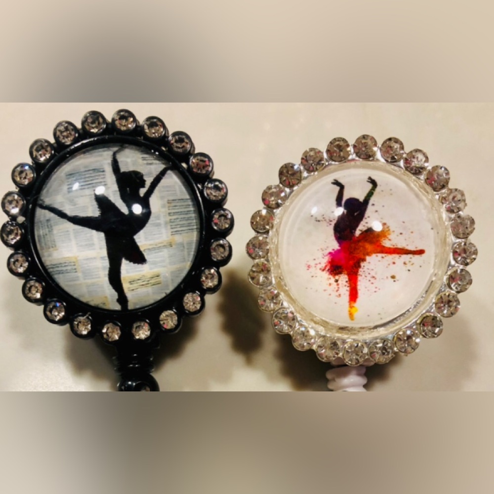 2 Crystal Ballerina Dancer Nurse RN ID Holder Badge Reel Swivel Alligator Clips